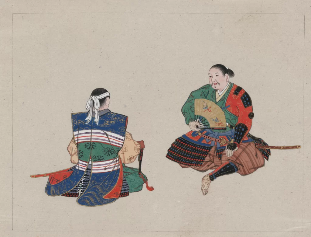 Samurai Traditional Attire Seated Fan Sword Cultural Art