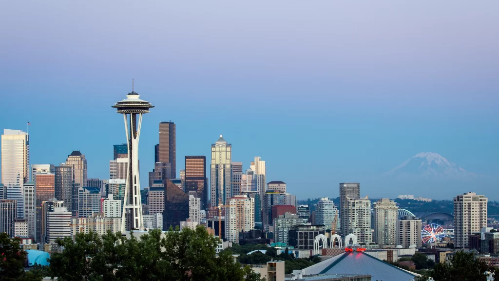Seattle skyline Space Needle cityscape skyscrapers Mount Rainier urban