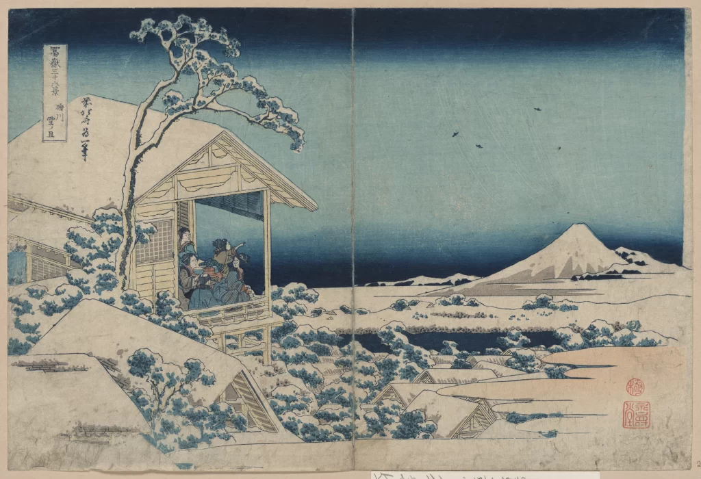 Snowy Landscape Traditional House Mountain Birds Blue Sky