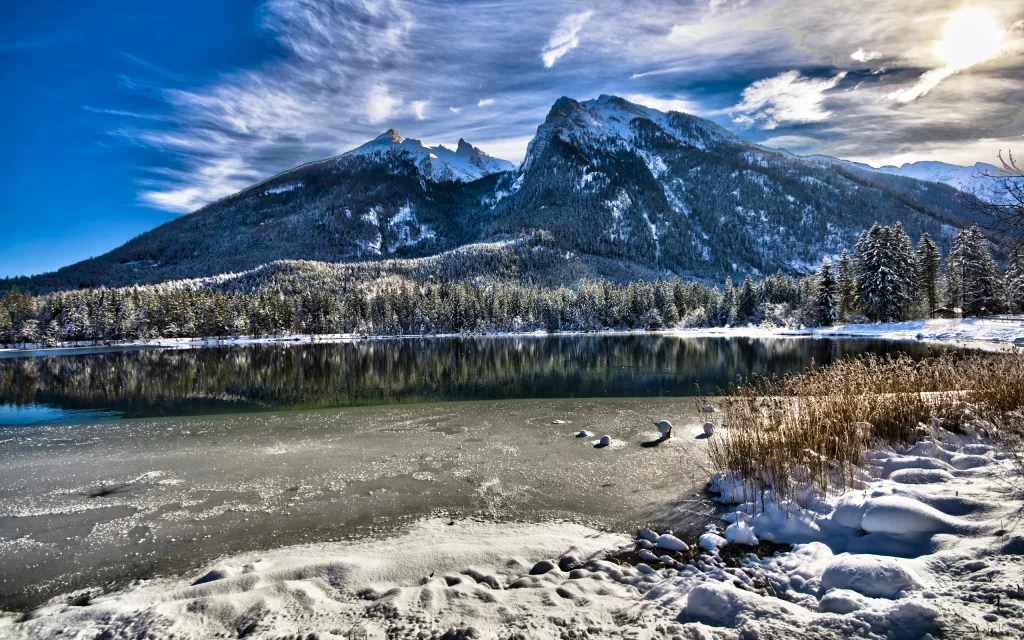 Snowy Mountain Lake Reflection Trees Winter