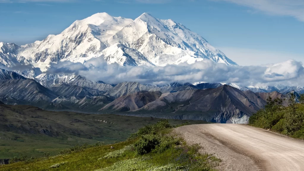Snowy Mountain Peaks Clouds Road Scenic