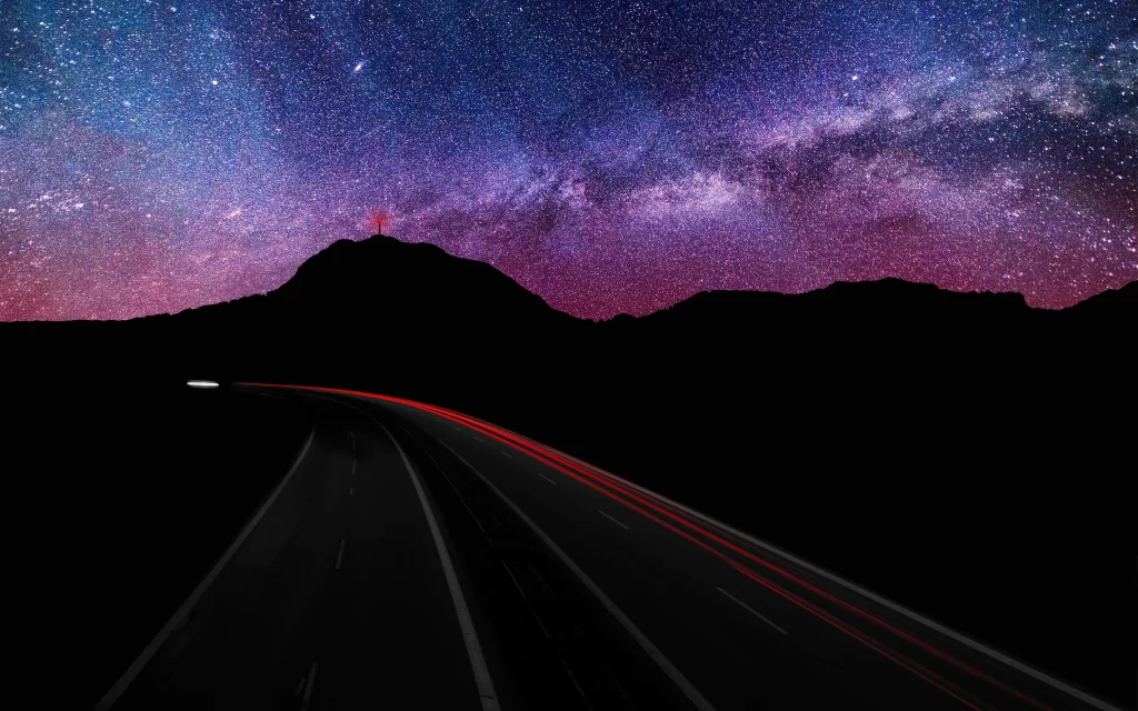Stars Highway Mountains Night Sky