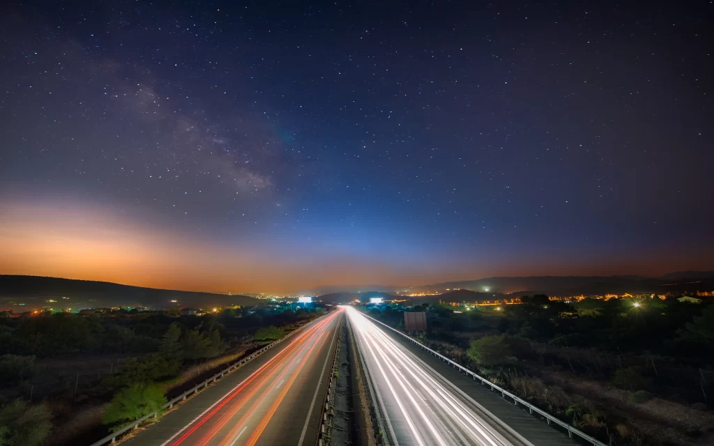 Stars Highway Night Sky Lights Mountains