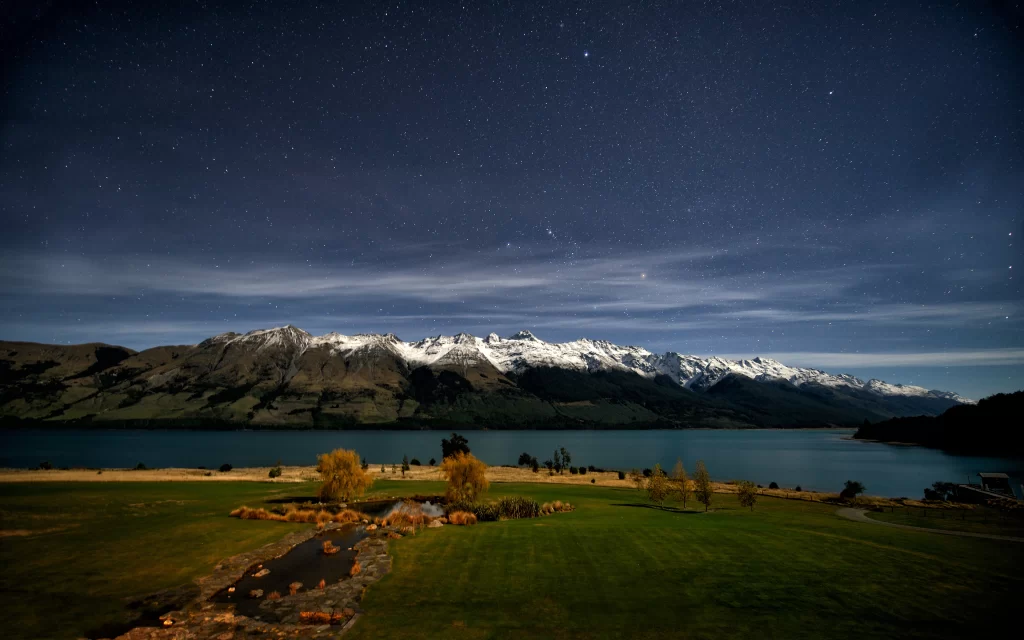 Stars Night Sky Mountains Lake Trees