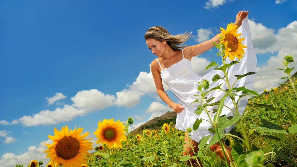 Sunflowers, white dress, blue sky, clouds, field, joyful