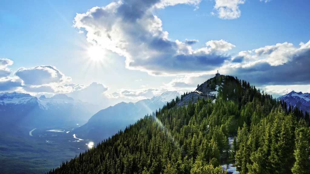 Sunlight clouds mountains forest river landscape