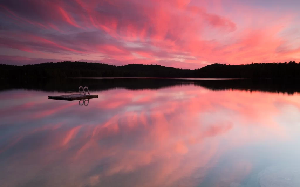 Sunset Calm Lake Reflections Pink Sky Silhouette