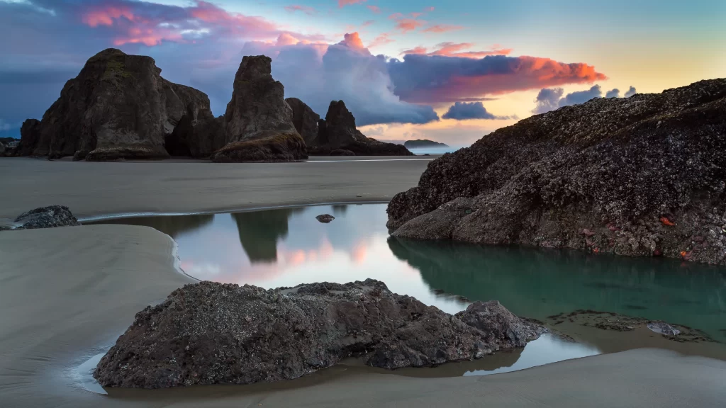 Sunset Clouds Beach Rocks Reflection Tranquility
