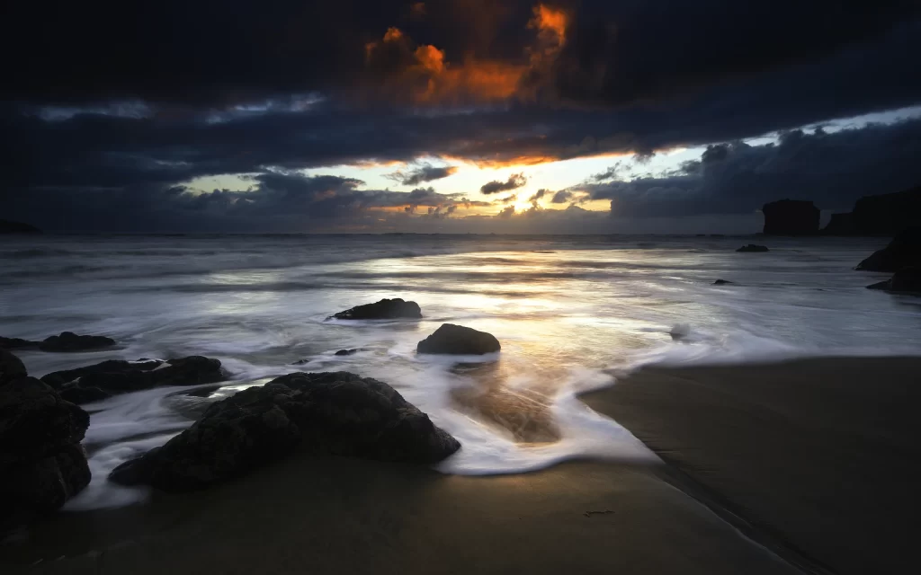 Sunset Clouds Ocean Rocks Waves