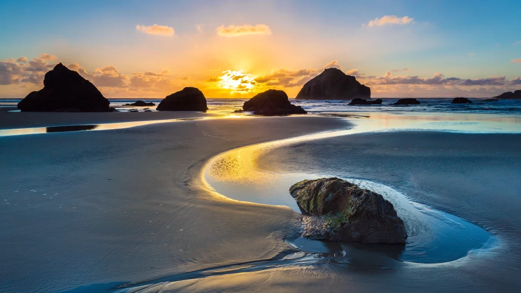 Sunset Ocean Rocks Beach Reflections Horizon