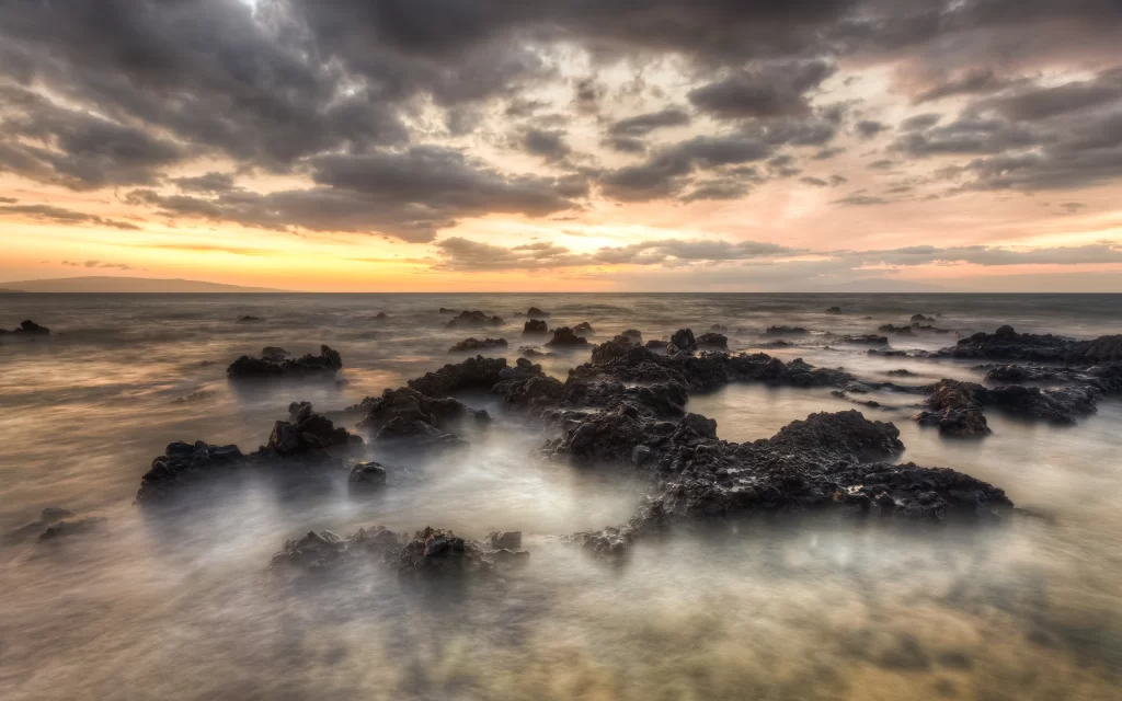 Sunset Ocean Rocks Clouds Horizon Reflection