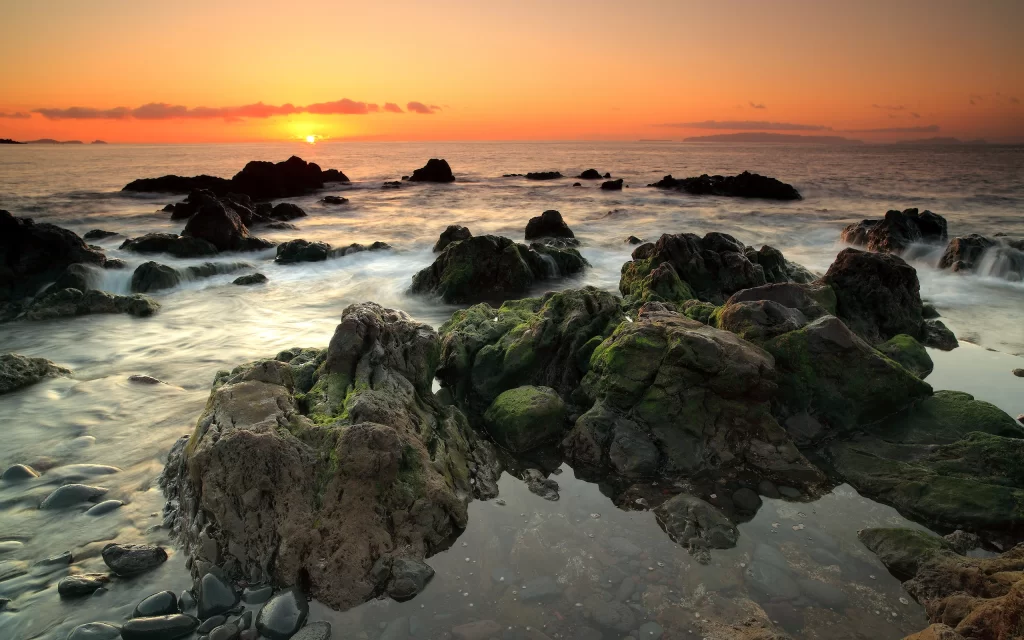 Sunset Ocean Rocks Waves Horizon Sky