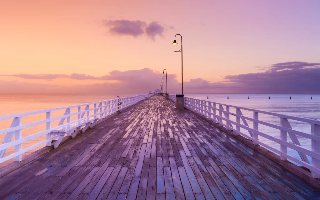 Sunset Pier Calm Sea Clouds Lampposts Wooden Path