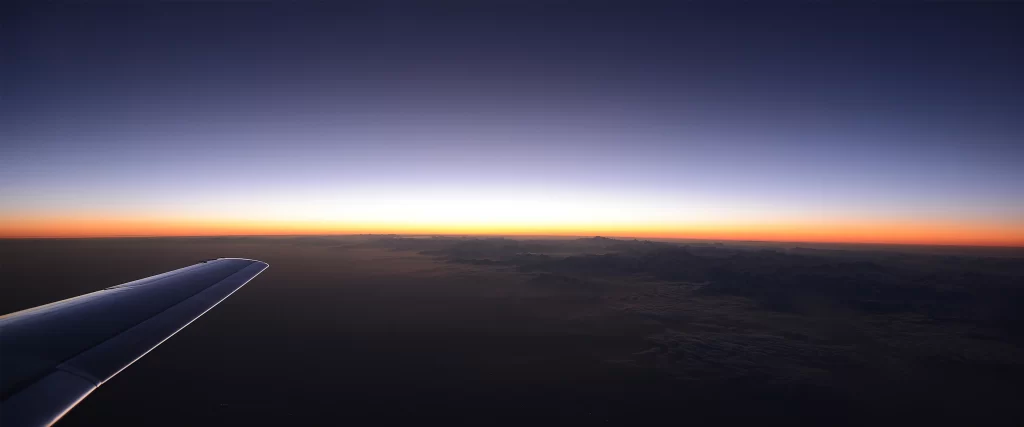 Sunset, airplane, wing, sky, clouds, horizon