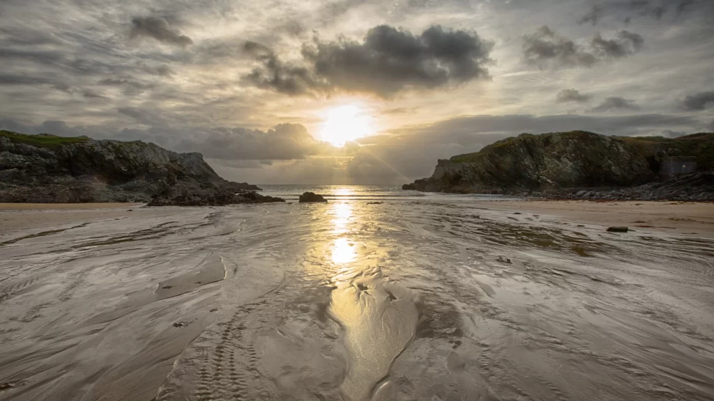 Sunset beach clouds reflection tranquil horizon