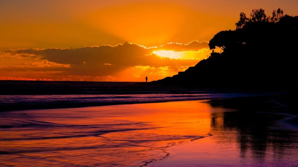 Sunset beach ocean sky clouds reflection