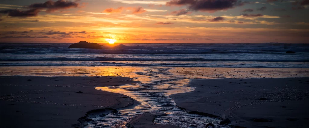 Sunset, beach, ocean, sky, clouds, reflection