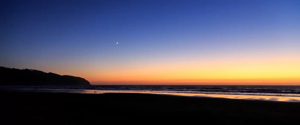 Sunset, beach, ocean, sky, moon, silhouette