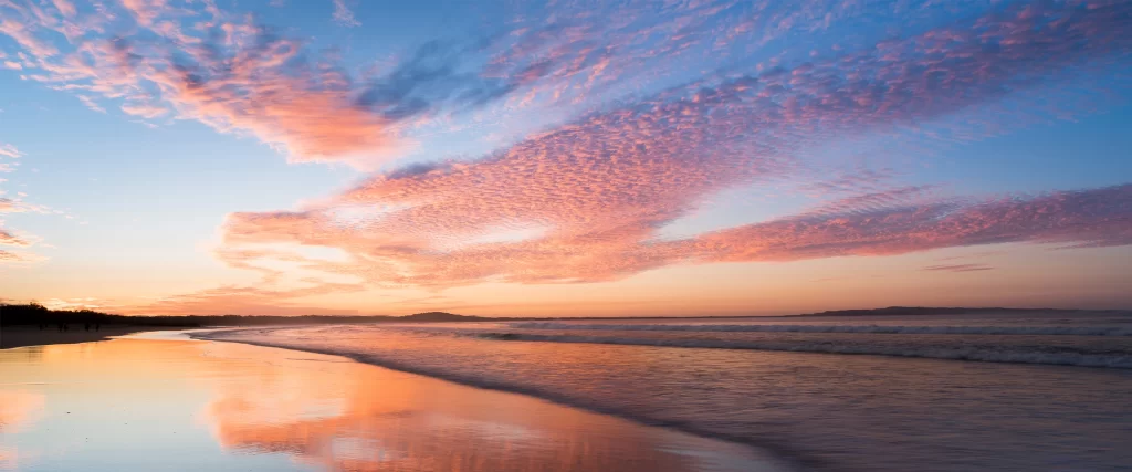 Sunset, beach, sky, clouds, reflection, tranquil