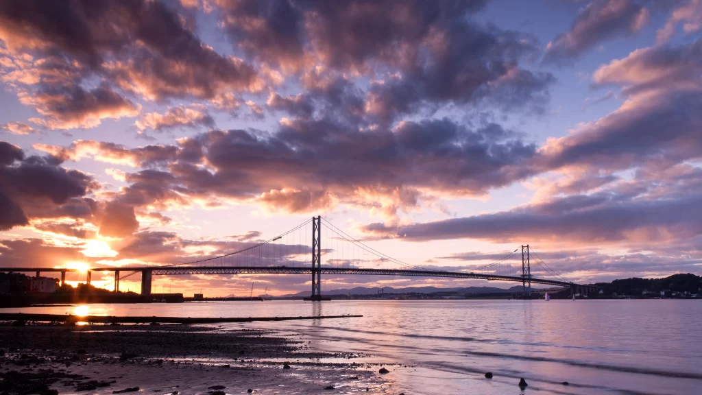 Sunset bridge water clouds reflection landscape