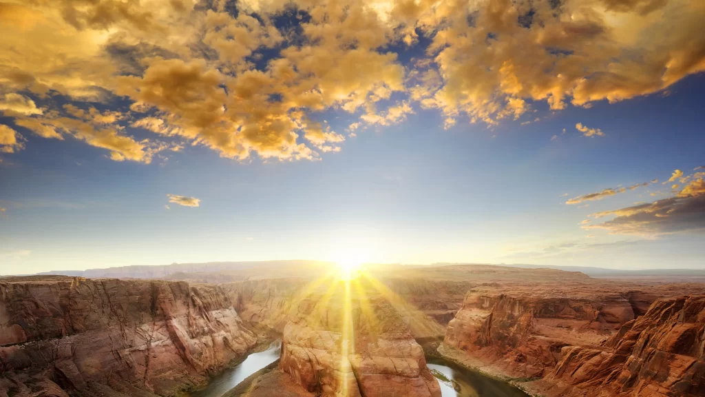 Sunset, canyon, river, clouds, landscape, nature