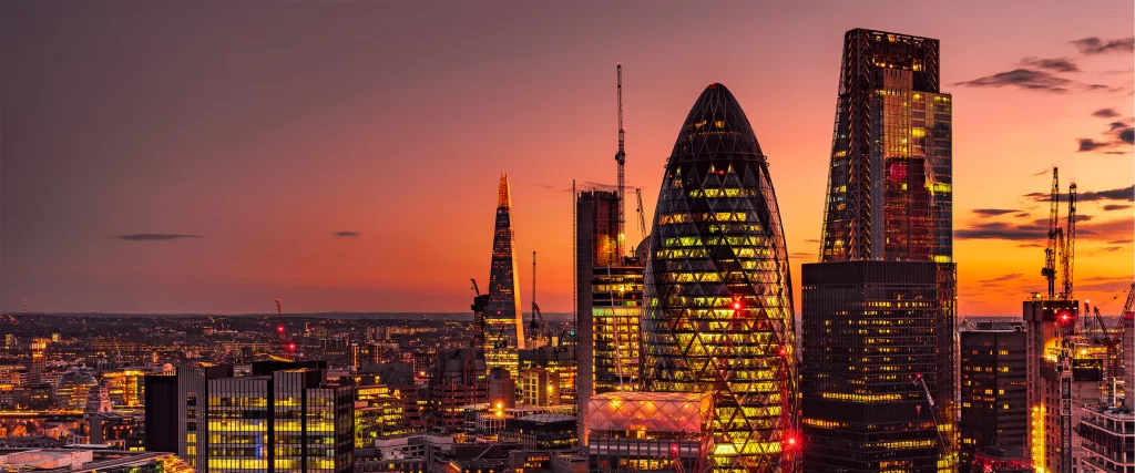 Sunset, cityscape, skyscrapers, illuminated, modern, architecture