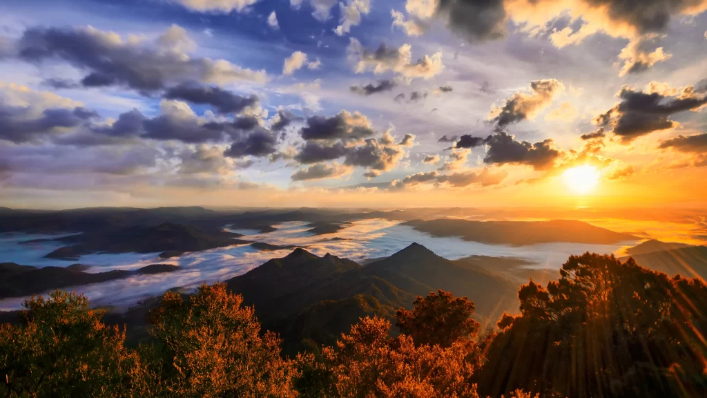 Sunset clouds mountains landscape nature sky sunlight tranquility