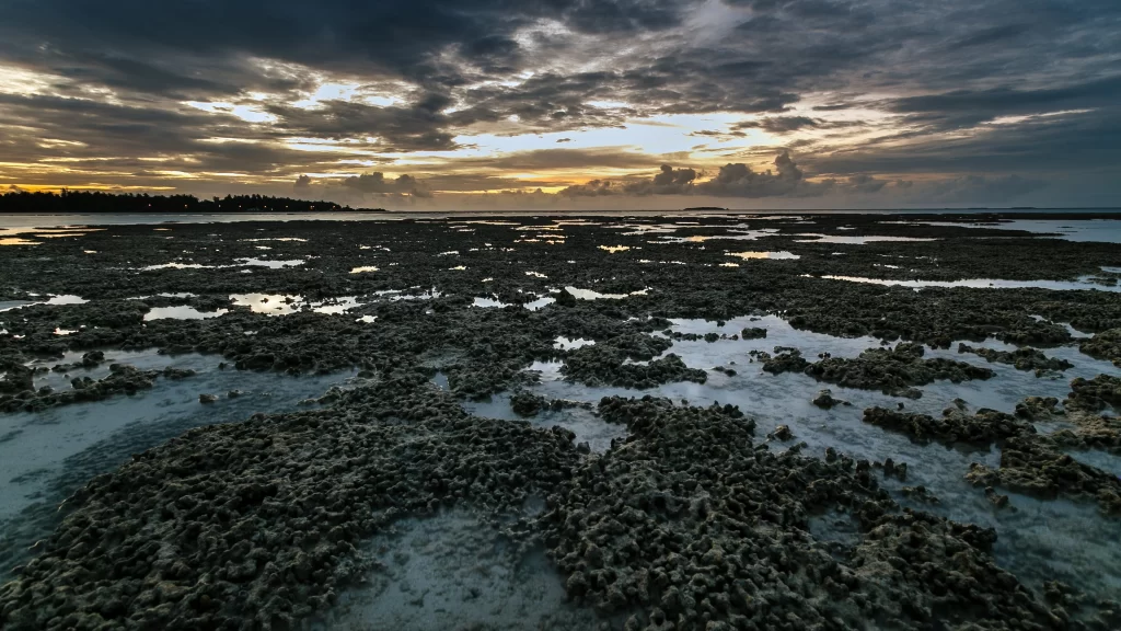Sunset clouds ocean horizon rocks water