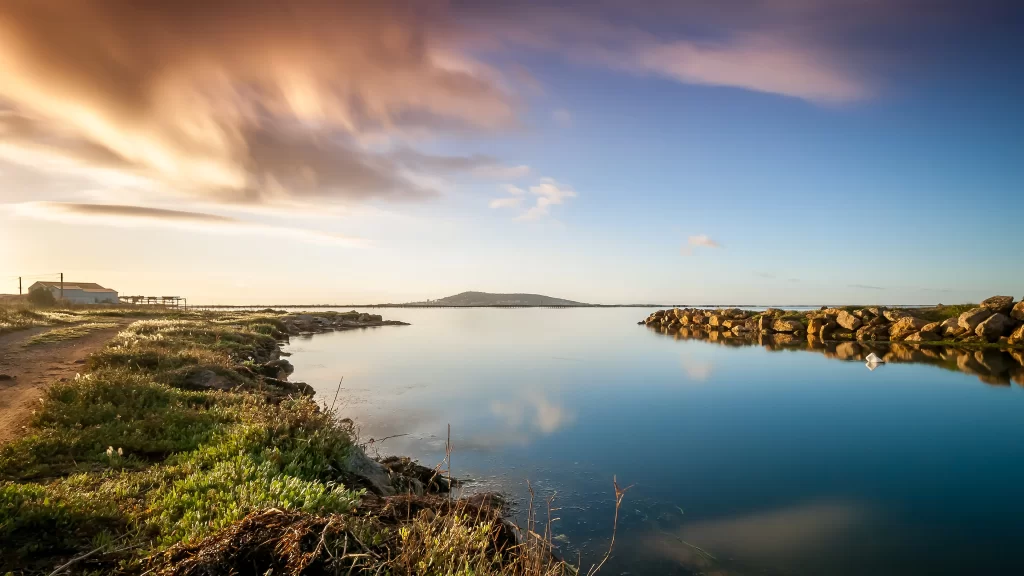Sunset clouds water reflection landscape tranquility