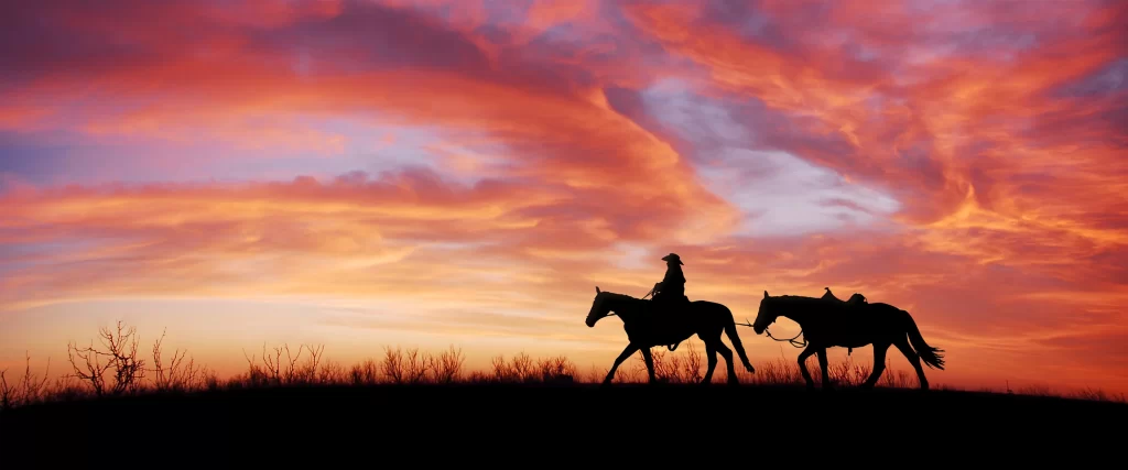 Sunset, horses, rider, landscape, clouds, silhouette