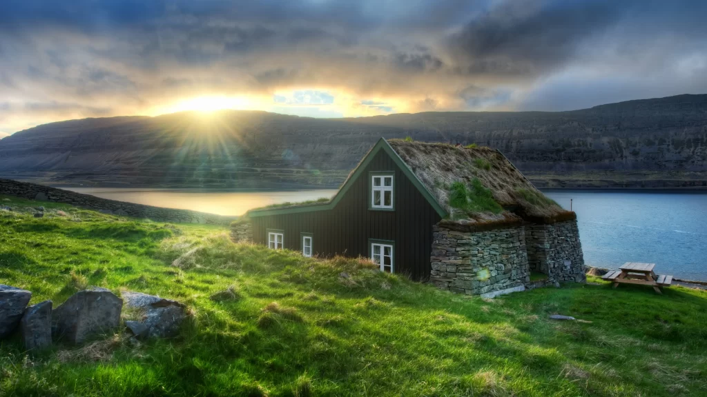 Sunset house lake mountains grass clouds
