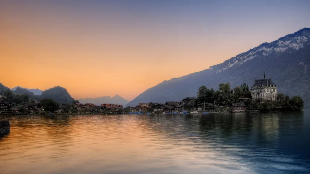 Sunset lake mountains castle reflection tranquil