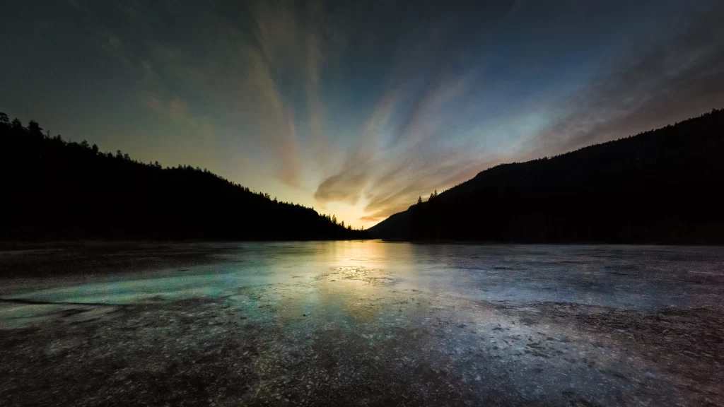 Sunset, lake, mountains, sky, clouds, reflection