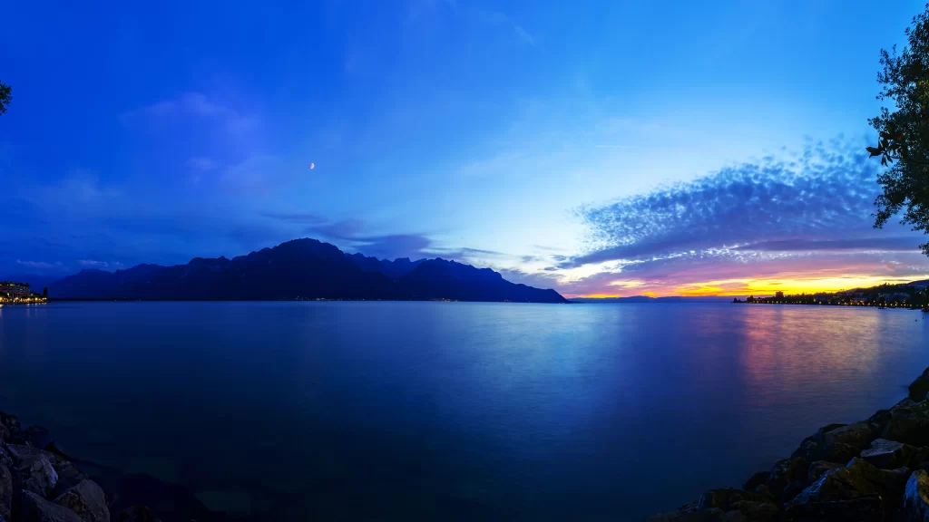 Sunset lake mountains sky clouds reflection