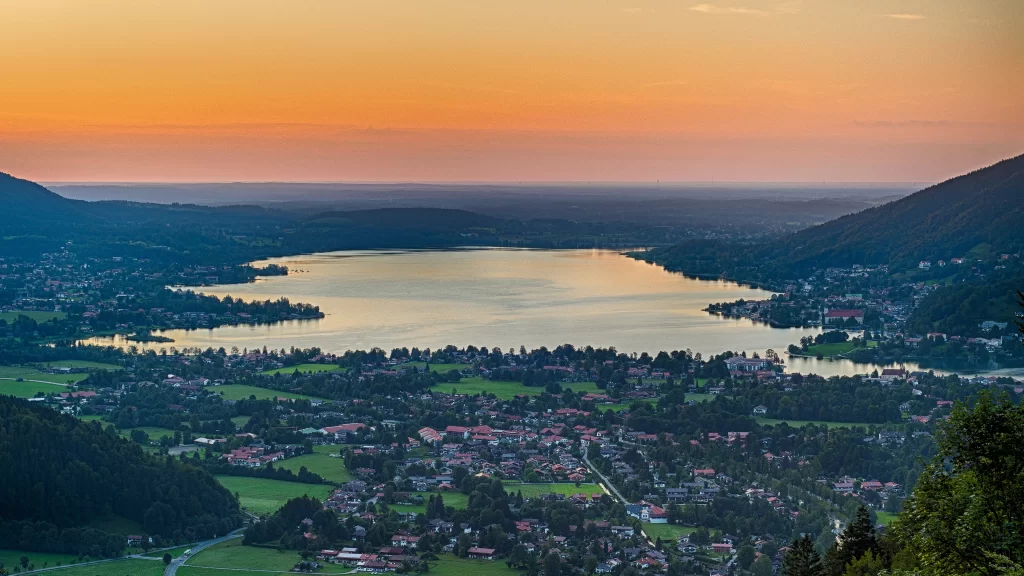 Sunset lake mountains town nature landscape