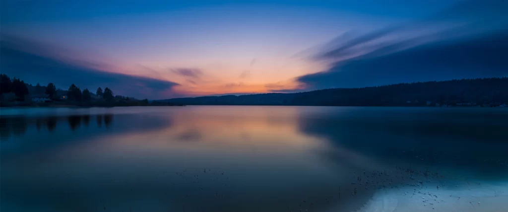 Sunset, lake, reflection, clouds, calm, twilight