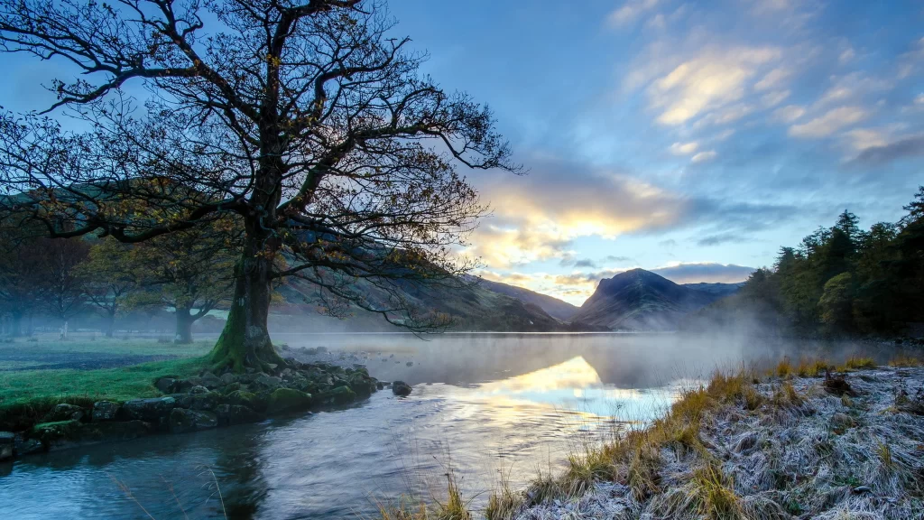 Sunset lake tree mist mountains reflection