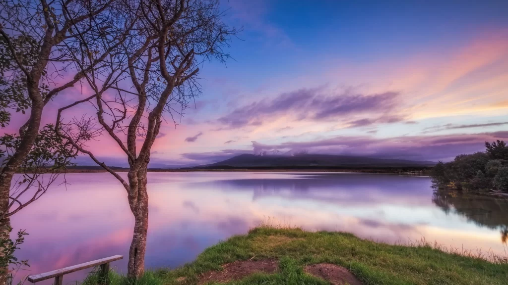 Sunset lake trees clouds reflection landscape