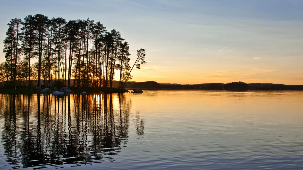 Sunset lake trees reflection calm nature