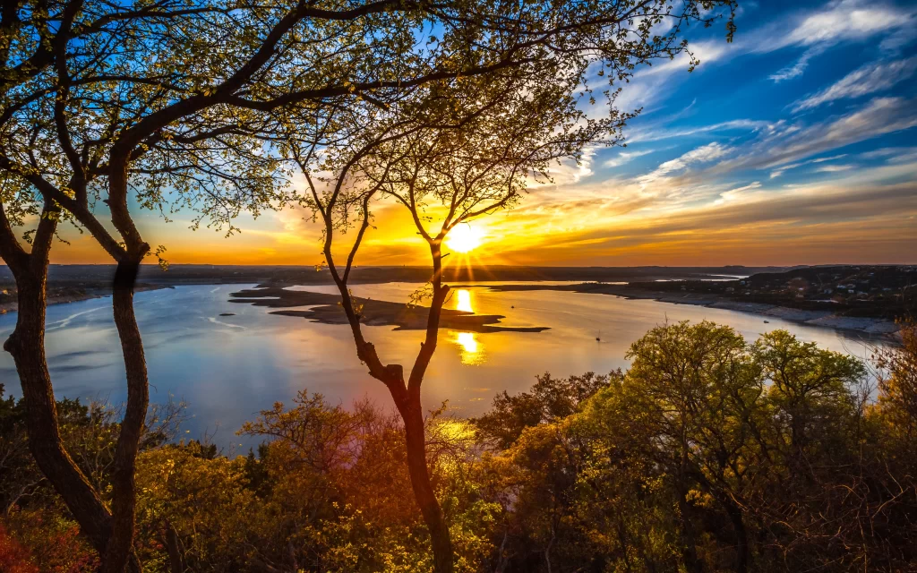 Sunset lake trees sky reflection nature