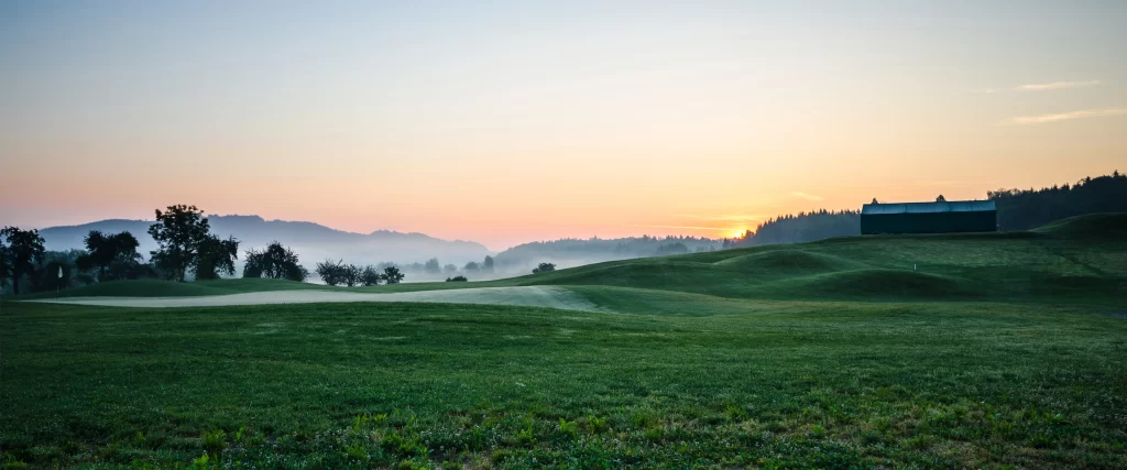 Sunset, landscape, greenery, hills, mist, tranquility