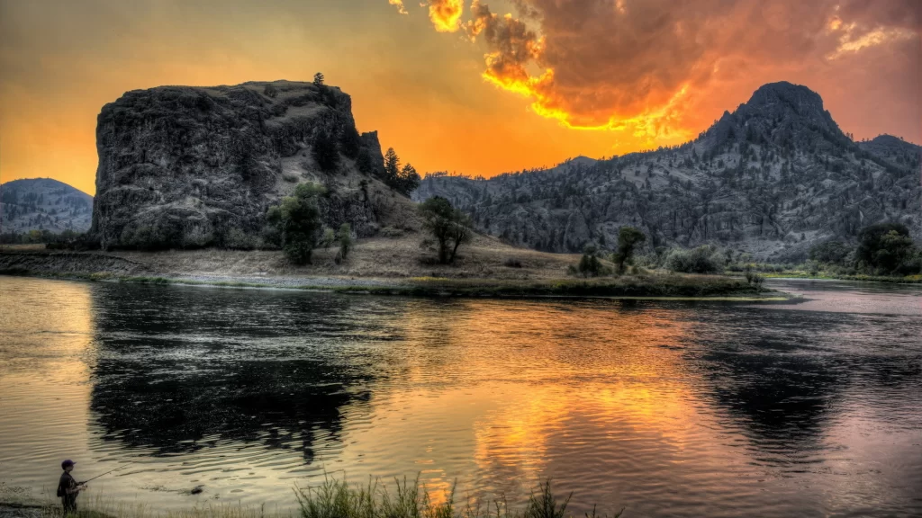 Sunset landscape lake mountains reflection clouds