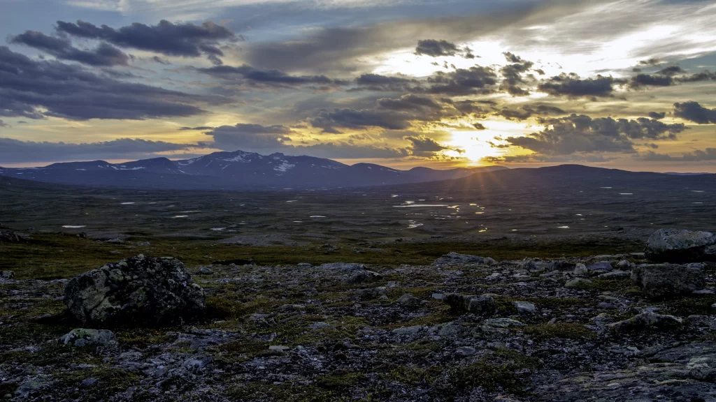 Sunset landscape mountains clouds rocks wilderness