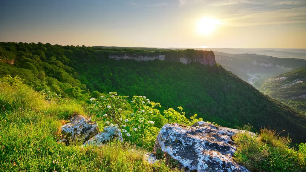 Sunset landscape nature greenery rocks sky