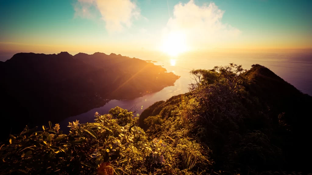 Sunset landscape ocean mountains nature tranquility