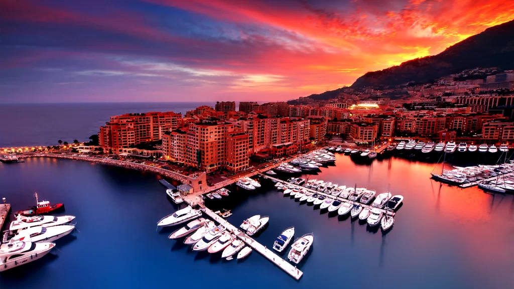 Sunset marina yachts buildings ocean sky