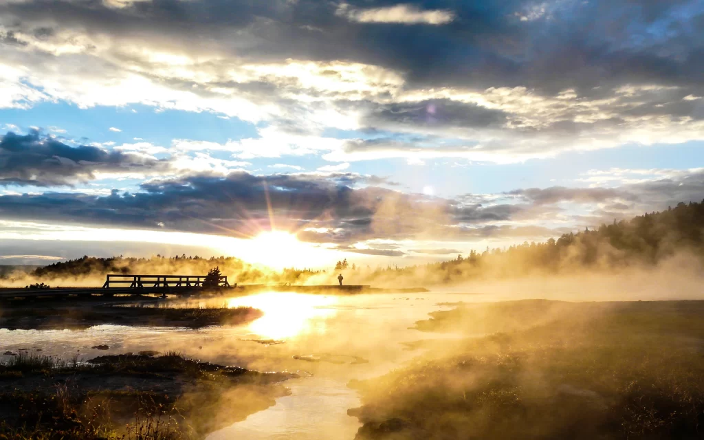 Sunset mist bridge forest river clouds