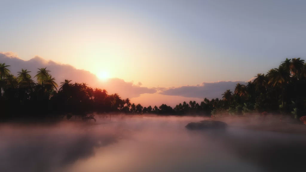 Sunset mist palm trees river sky clouds tranquil nature
