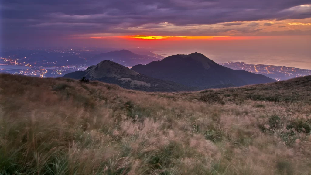 Sunset mountain grass clouds landscape twilight