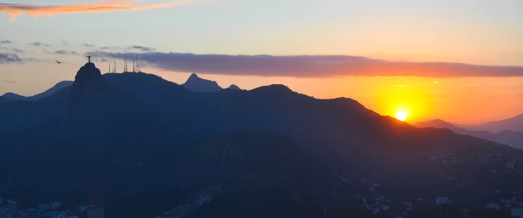 Sunset, mountains, cityscape, silhouette, clouds, sky